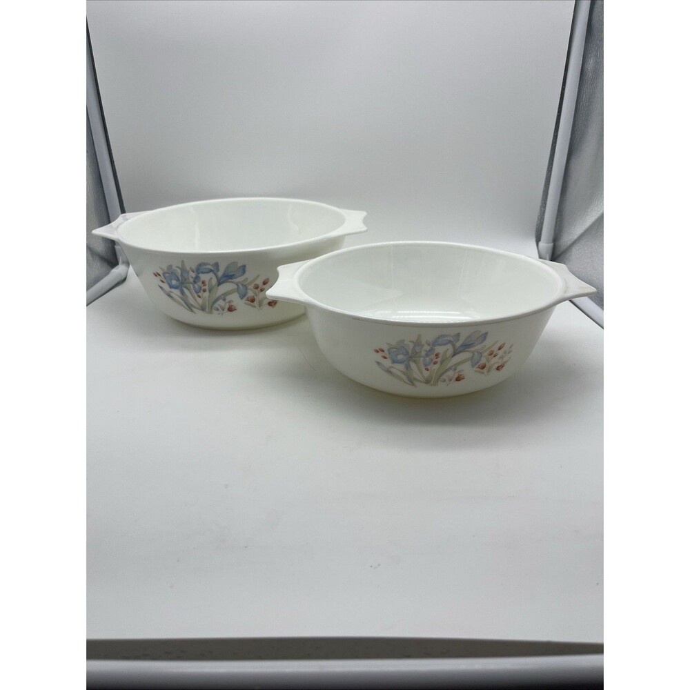 Vintage PYREX Milk Glass Blue Iris Casserole Bowls, 19c and 15d, Set Of 2